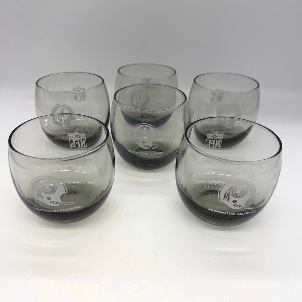 Vintage 70’s NFL Washington Redskins Set of 6 Gray Smoke Roly Poly Bar Glasses
